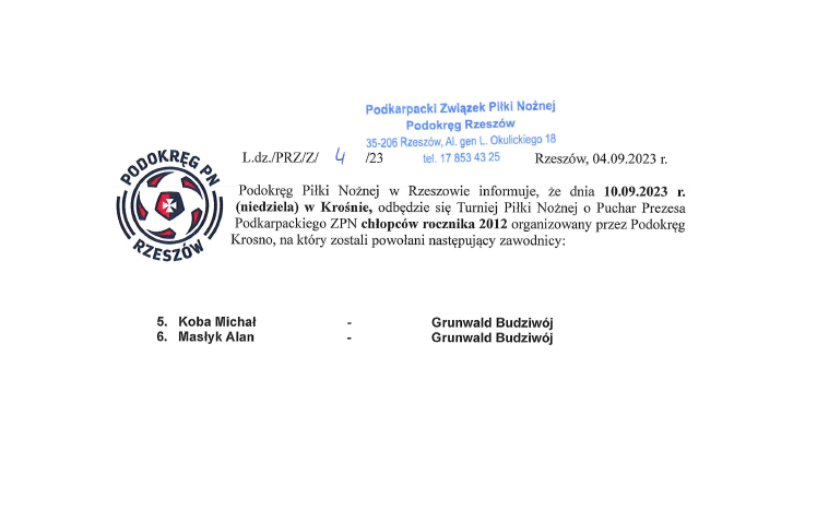 Powołania do kadry Podokręgu Rzeszów dla Grunwaldu!