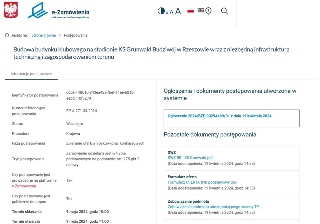 ogłoszono przetarg na budowę i modernizacje obiektów Grunwaldu Budziwój Rzeszów!